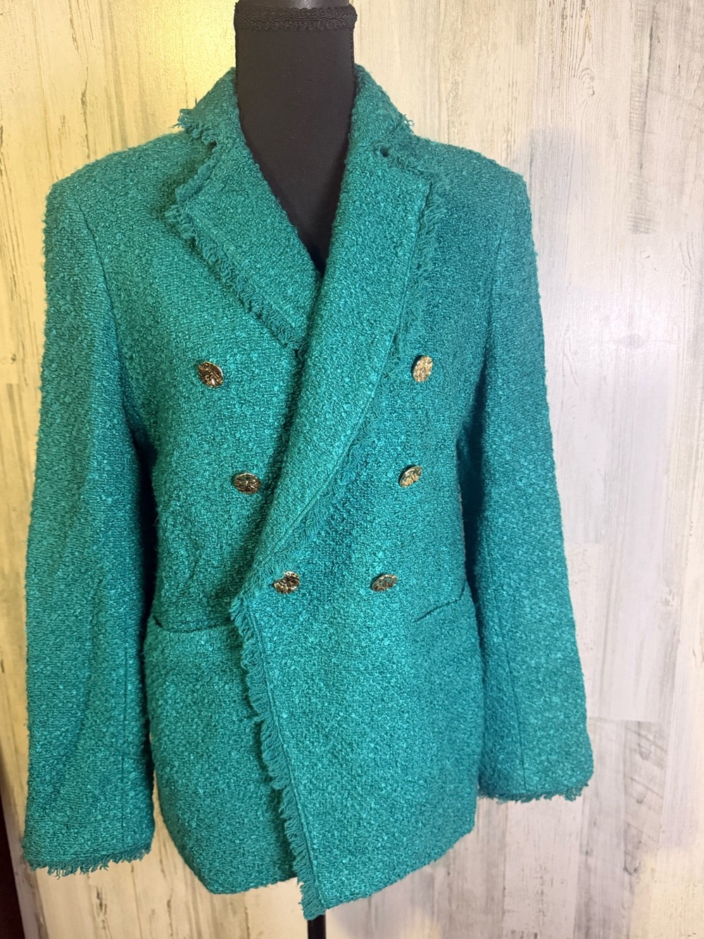 Dennis by Dennis Basso Teal Green Bouclé Tweed Double Breasted Blazer Sz 6 - Picture 2 of 8